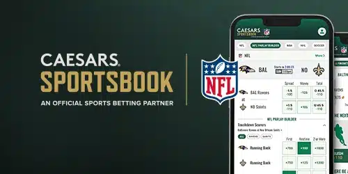 Caesars Sportsbook logo and 'An Official Sports Betting Partner' text are displayed on the left. On the right, a smartphone shows the Caesars Sportsbook app interface with NFL betting options.