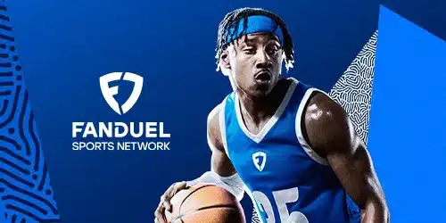 FanDuel sportsbook desktop banner showing the logo against a blue background